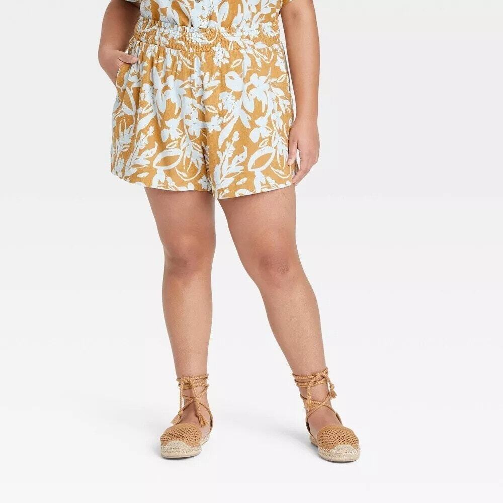 Ava & Viv Linen Blend High Waist Shorts in Mustard Yellow Floral 2X